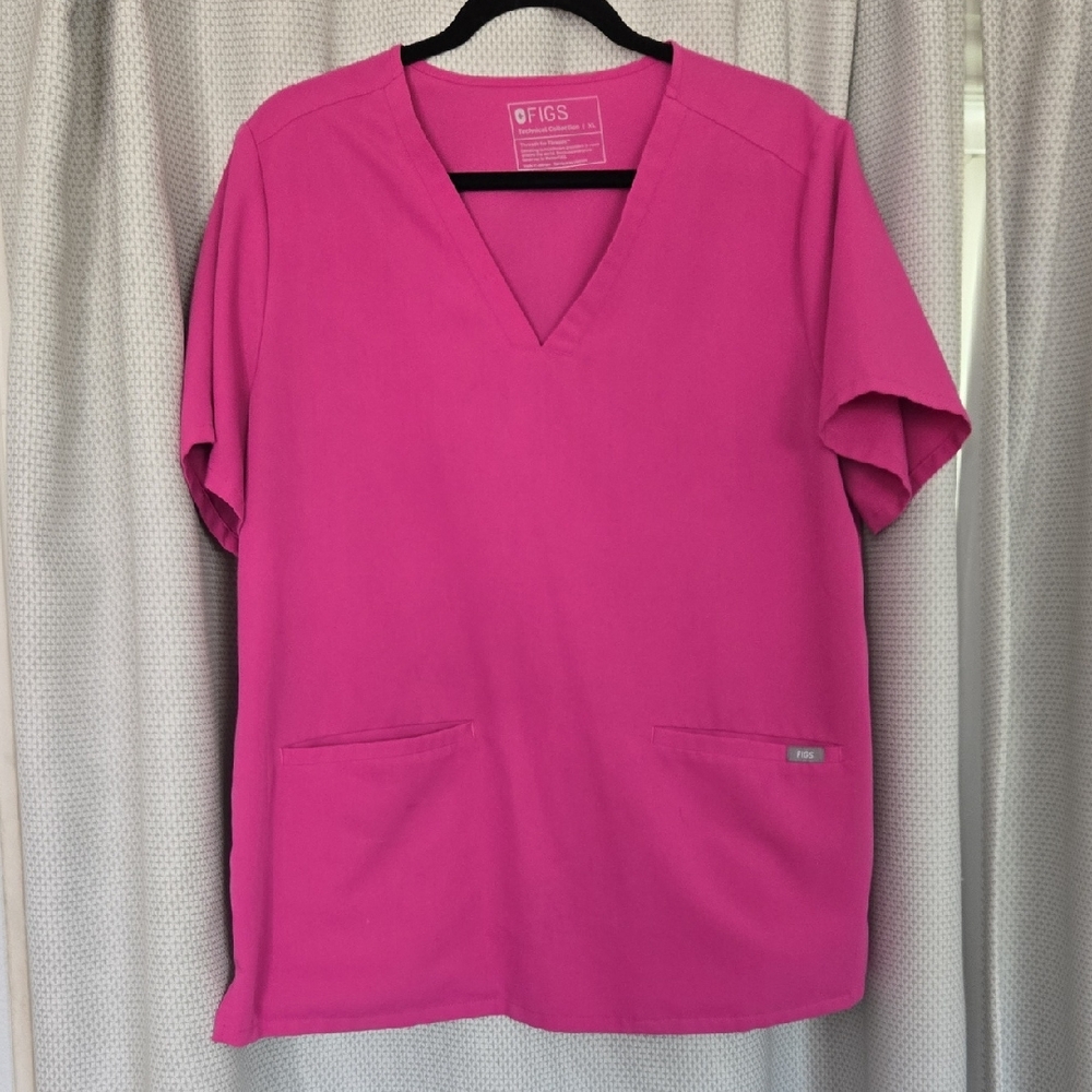 Figs Women's Short Sleeve V-Neck 2 Pocket Scrub Top in Bright Pink